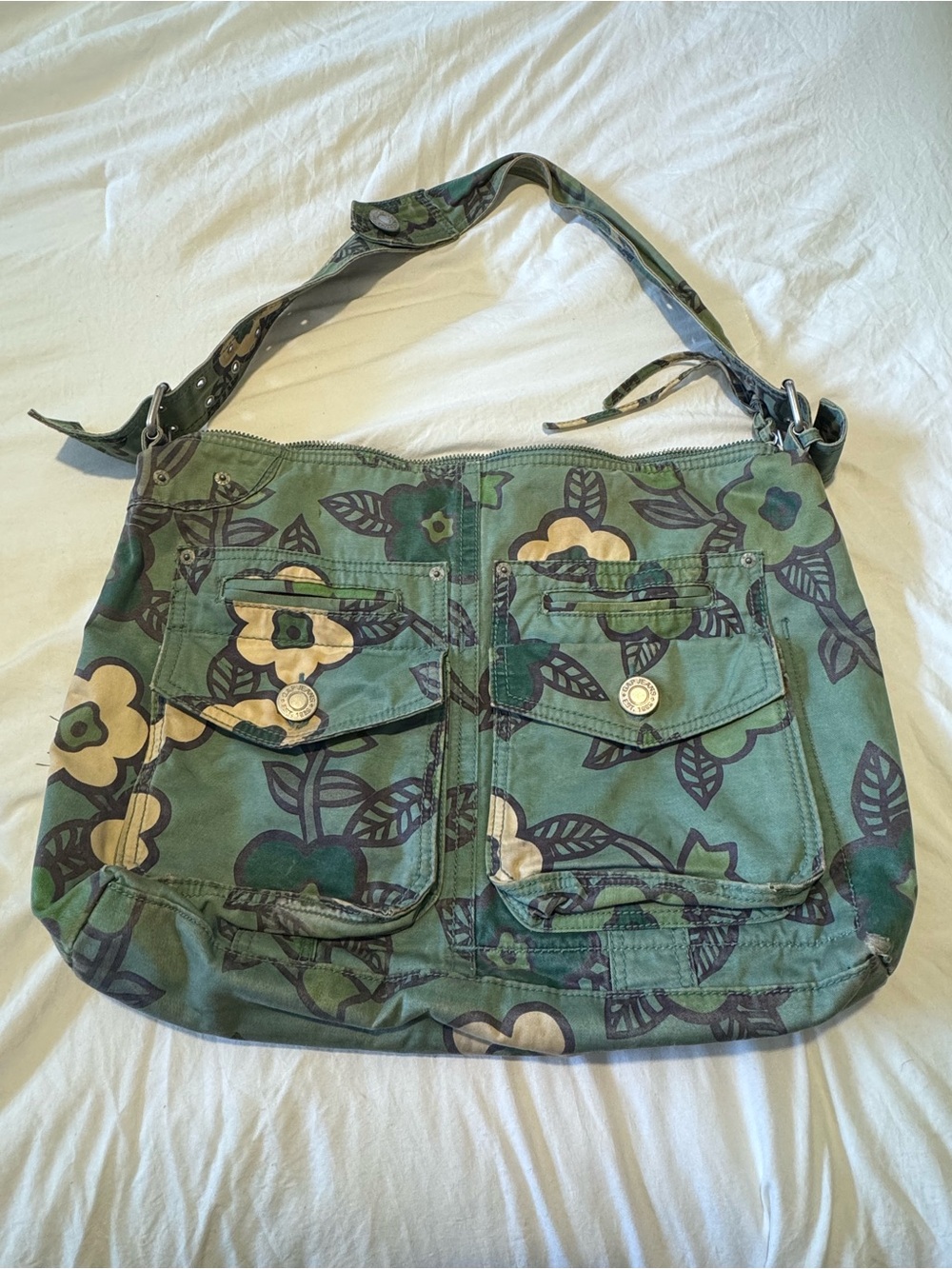 GAP Green Floral Canvas Satchel with Cream Accents
